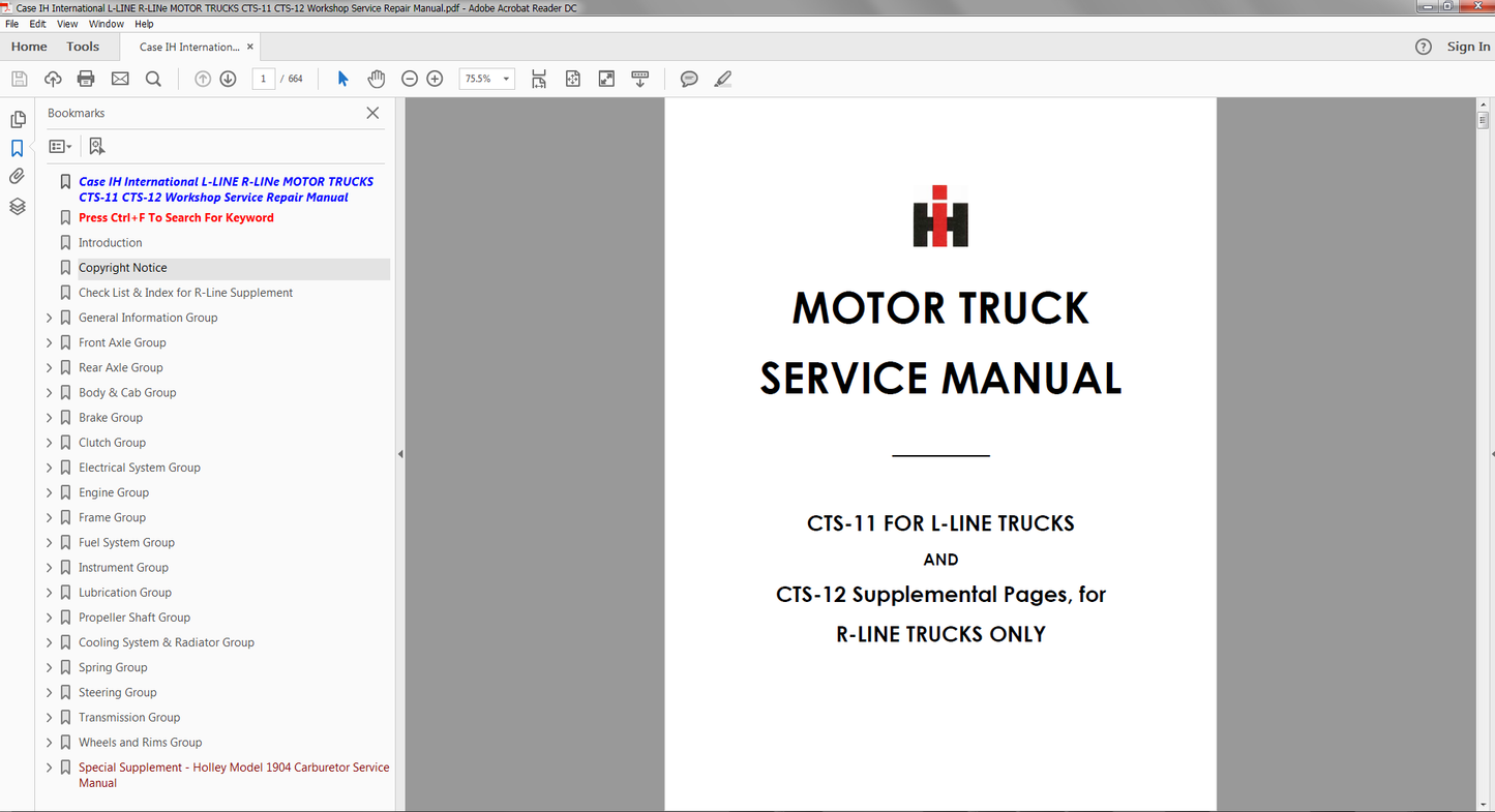 Case IH International L-LINE R-LINE MOTOR TRUCKS CTS-11 CTS-12 Service Manual