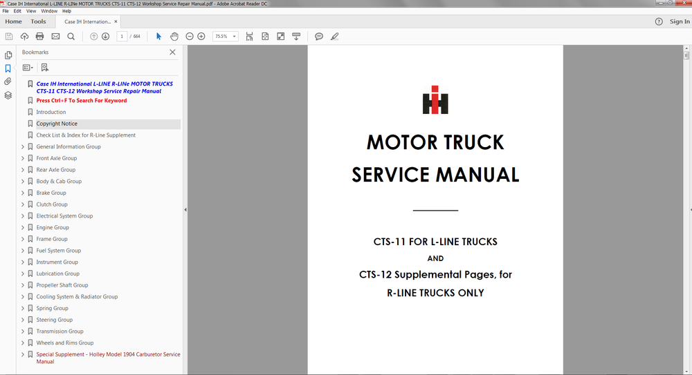 Case IH International L-Line R-Line Motor Trucks CTS-11 CTS-12 Servicehandleiding