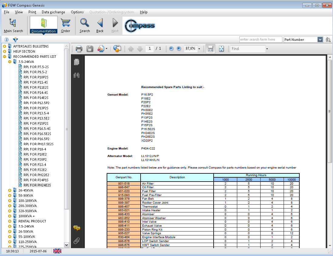 FG Wilson Compass Genesis 2014a complete parts catalogue (EPC) and Service Information software