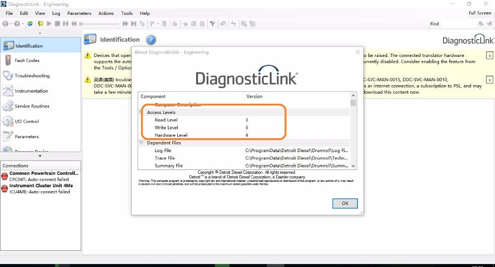 وصلة تشخيص ديترويت ديزل (DDDL 8.03) المستوى الهندسي-تغيير معاملات التضمين ! تركيب مباشر على شبكة الاتصال !