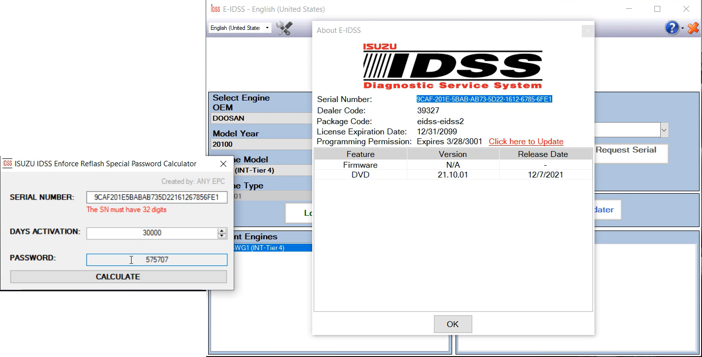 ISUZU IDSS appliquer la calculatrice de mot de passe spécial reflash