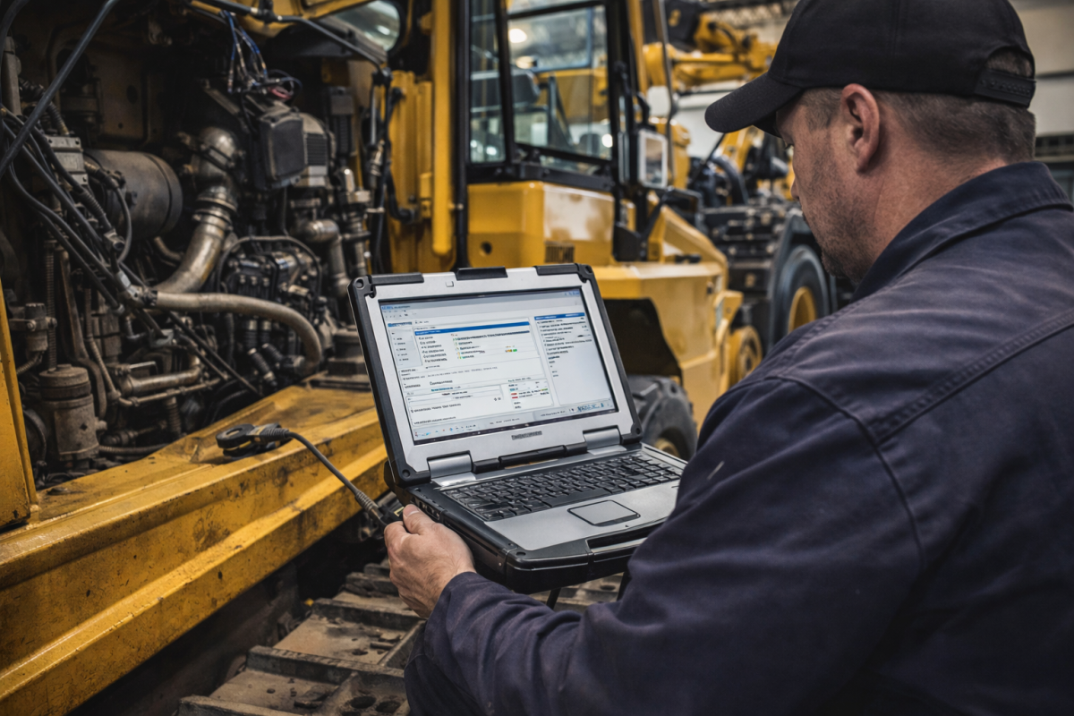 Dealer-level diagnostics being performed on heavy equipment using OEM software